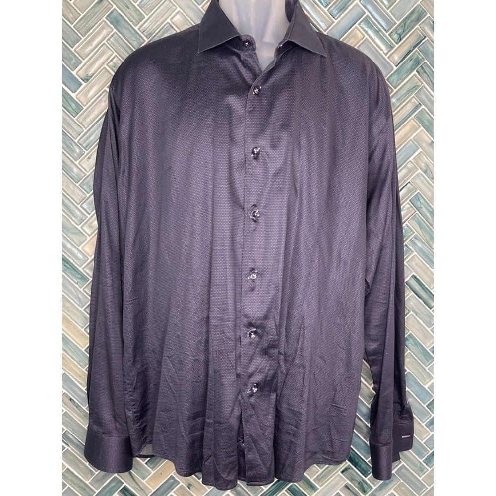 MENS BOGOSSE NAVY BLUE MICRO DOT LONG SLEEVE COTTON BUTTON UP SHIRT 6 XXL
